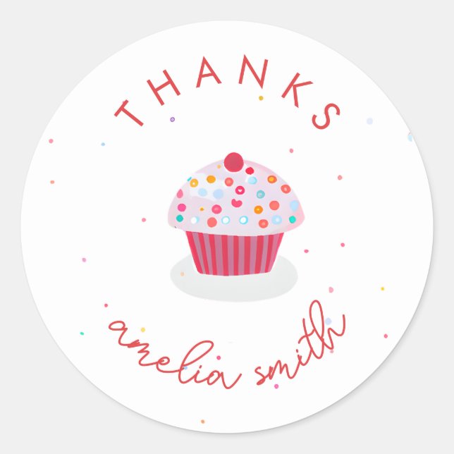 Sticker Rond Cute Cupcake Anniversaire Merci Peronorisé Nom (Devant)