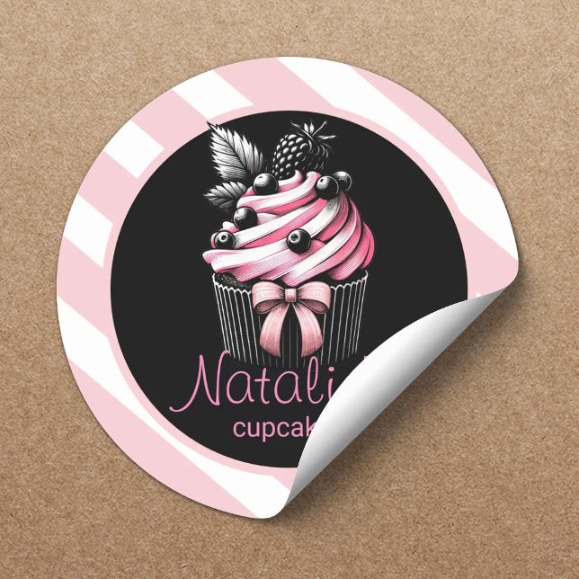 Sticker Rond Cute Cupcake Douce Boulangerie Girls Rose Stripes (Créateur téléchargé)