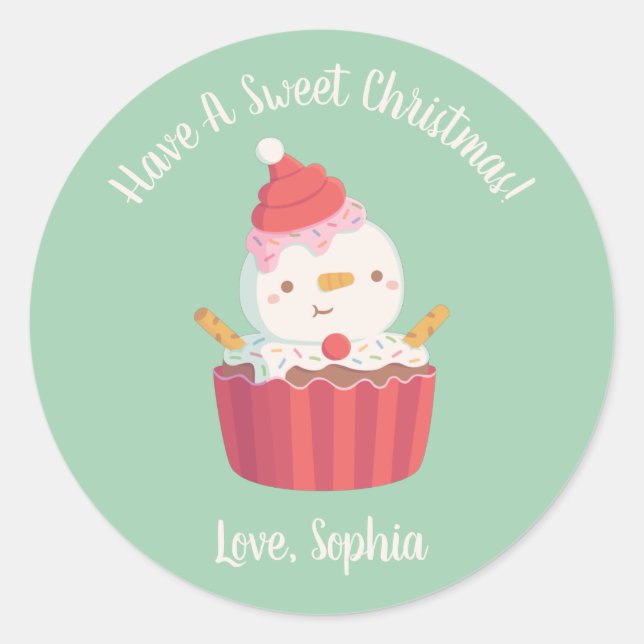 Sticker Rond Cute Cupcake Snowman, Sweet Christmas (Devant)