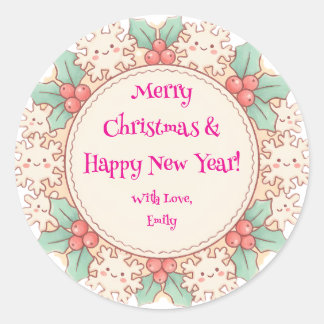 Sticker Rond Cute Custom Merry Christmas & Happy New Year Holly