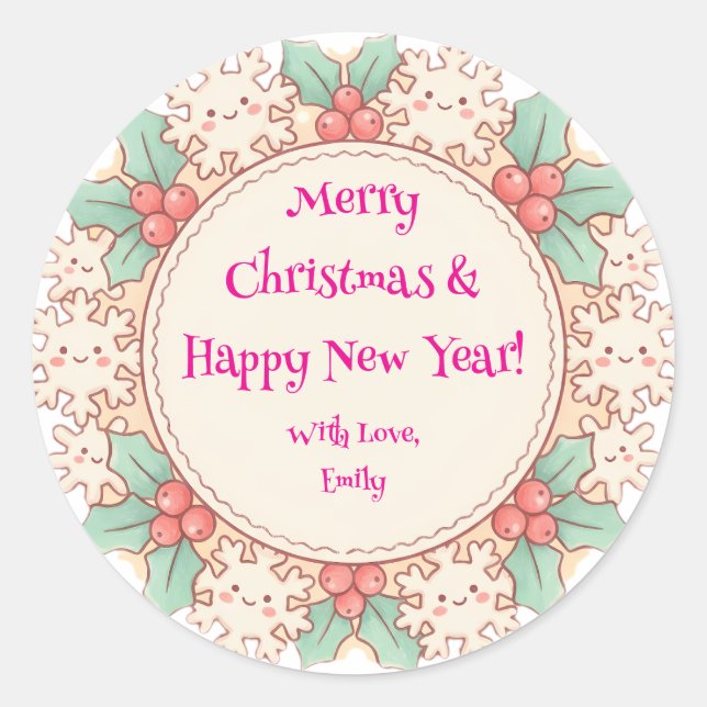 Sticker Rond Cute Custom Merry Christmas & Happy New Year Holly (Devant)
