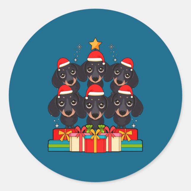 Sticker Rond Cute Dachshund Le Doxie Christmas Tree Xmas Hat Lo (Devant)