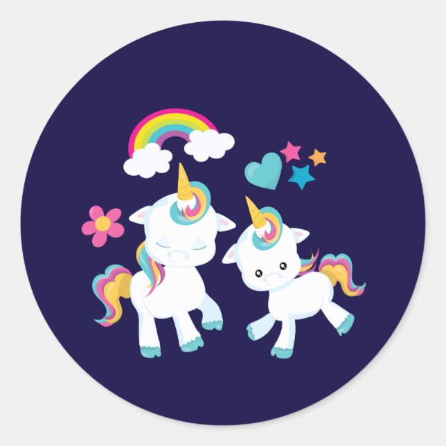 Sticker Rond Cute Dancing Unicornes Magique Arc-en-ciel & Étoil (Devant)
