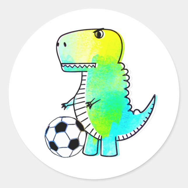 Sticker Rond Cute Dinosaur Aime Le Football Aquarelle (Devant)