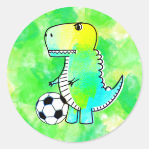 Sticker Rond Cute Dinosaur Aime Le Football Aquarelle Personnal