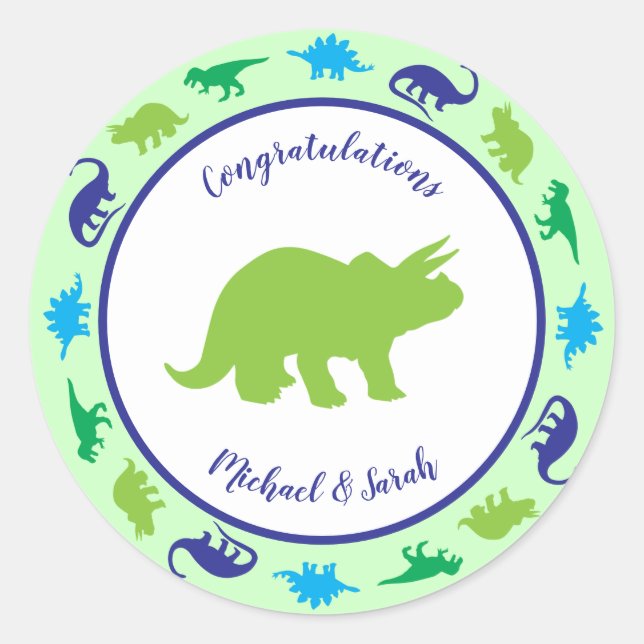 Sticker Rond Cute Dinosaur Baby shower Dino Blue et Green Boy (Devant)