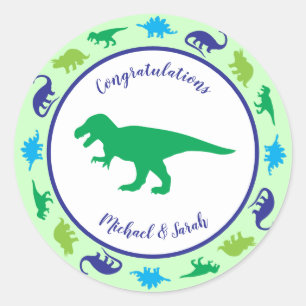 Sticker Rond Cute Dinosaur Baby shower Dino Blue et Green Boy