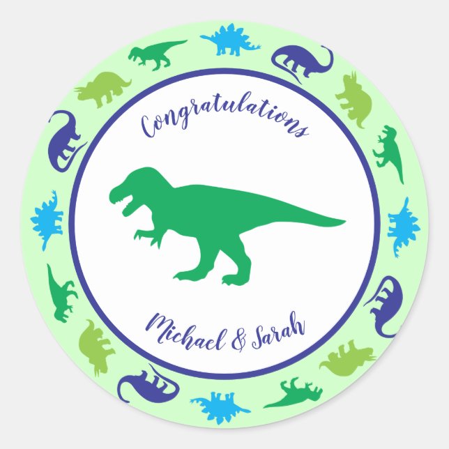 Sticker Rond Cute Dinosaur Baby shower Dino Blue et Green Boy (Devant)