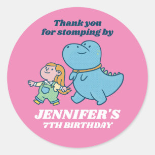 Sticker Rond Cute Dinosaur et Une Fille Anniversaire de enfant