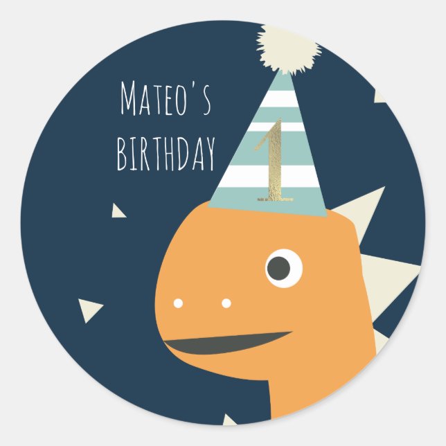 Sticker Rond Cute Dinosaur Un Premier Anniversaire Faux Gold (Devant)
