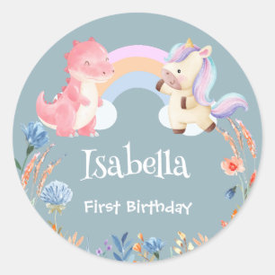 Sticker Rond Cute Dinosaur Unicorn arc-en-ciel enfant d'anniver