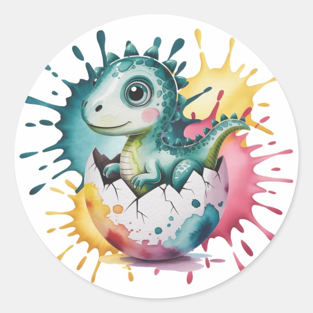 Sticker Rond Cute Dinosaur with Watercolor Splash Baby Shower (Devant)