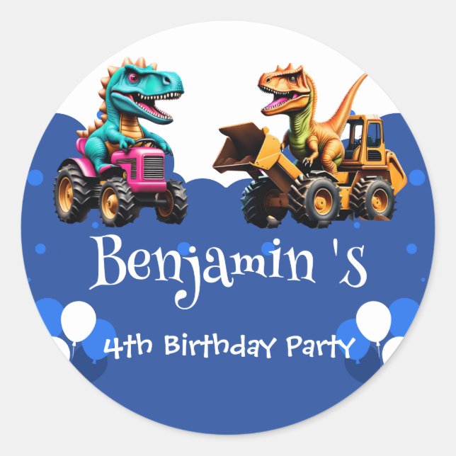 Sticker Rond Cute dinosaure Excavateur tracteur ballon Annivers (Devant)