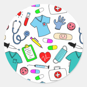 Sticker Rond Cute Doctor Nurse Médicale Fournitures Motif