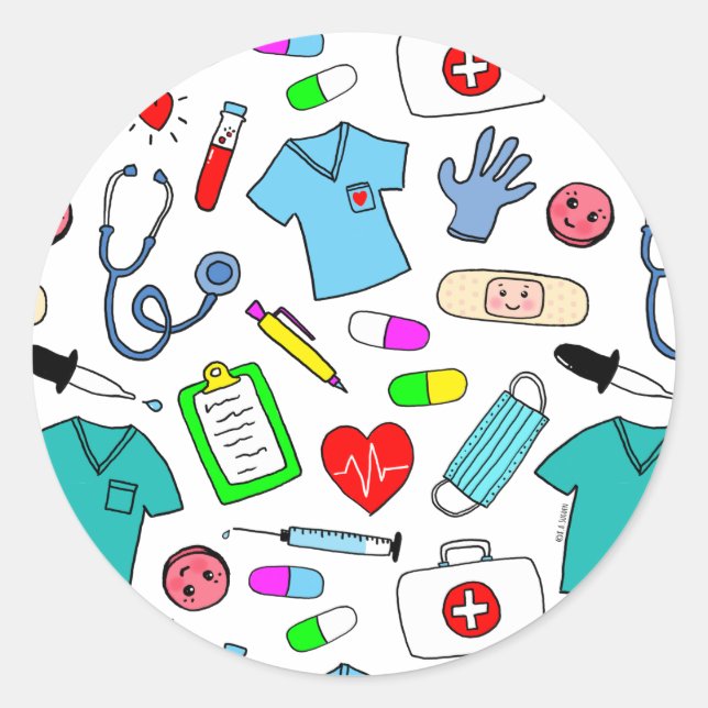 Sticker Rond Cute Doctor Nurse Médicale Fournitures Motif (Devant)