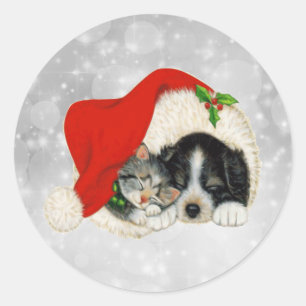 Sticker Rond Cute Dog Cat Santa Cap