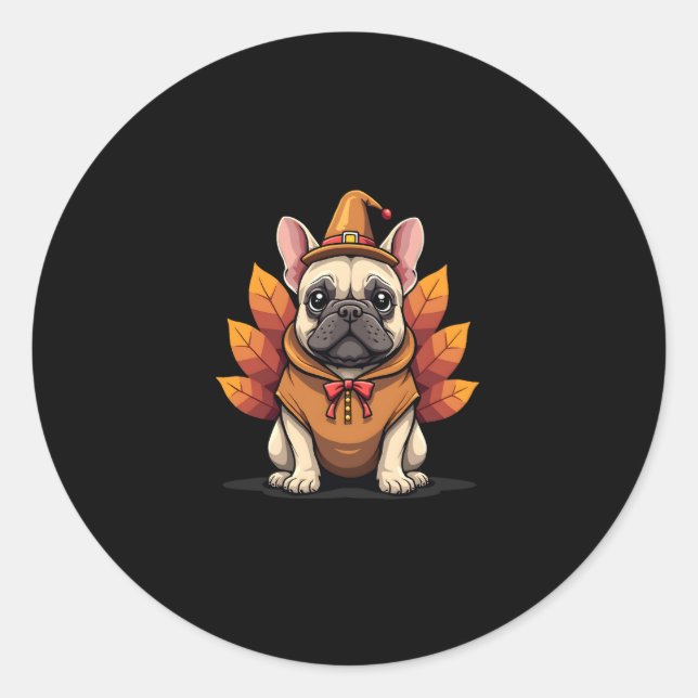 Sticker Rond Cute Dog Frenchie Thanksgiving Kids Teen Girl Boy  (Devant)
