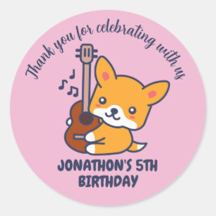 Sticker Rond Cute Dog Jouer Guitare Anniversaire de enfant Part