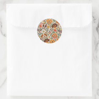 Sticker Rond Cute Dogs and Colorful Floral Pattern