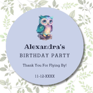 Sticker Rond Cute Dusty Blue Owl Anniversaire de enfant Merci