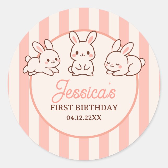 Sticker Rond Cute Easter Bunnies Pink Girl 1st Birthday Party (Devant)