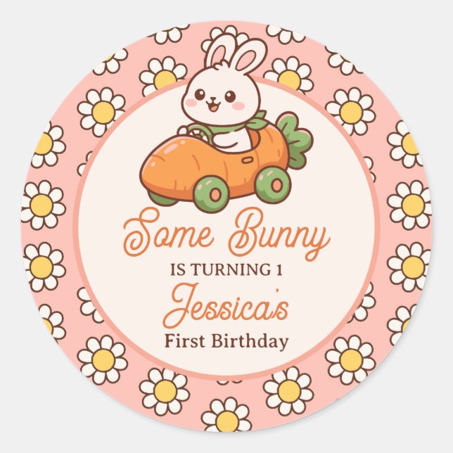 Sticker Rond Cute Easter Bunny Baby Girl 1st Birthday Party (Devant)