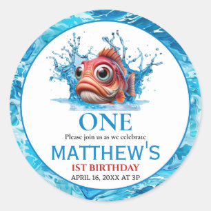 Sticker Rond Cute Eau Bleu Poisson 1er anniversaire