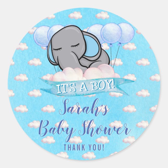 Sticker Rond Cute Elephant Boy Baby shower bleu Aquarelle (Devant)