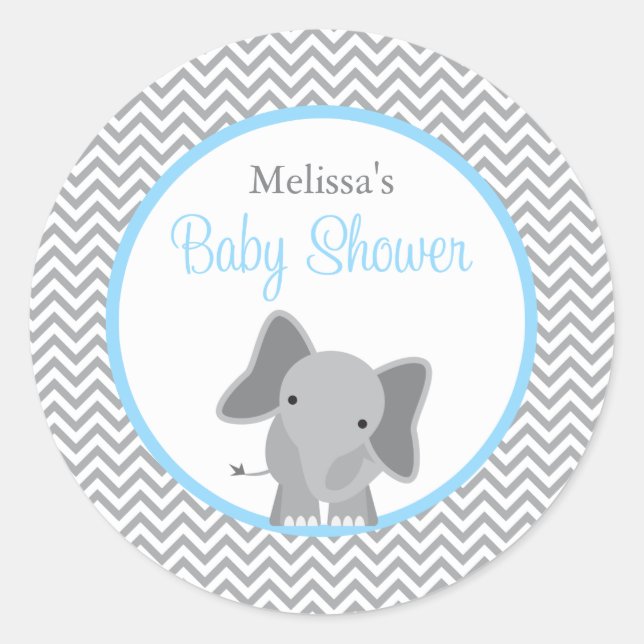 Sticker Rond Cute Elephant Chevron Baby shower bleu clair (Devant)
