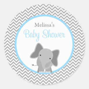 Sticker Rond Cute Elephant Chevron Baby shower bleu clair