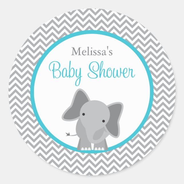 Sticker Rond Cute Elephant Chevron Baby shower Turquoise (Devant)