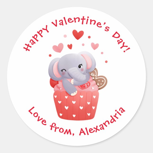 Sticker Rond Cute Elephant Cupcake Custom Kids Saint Valentin (Devant)