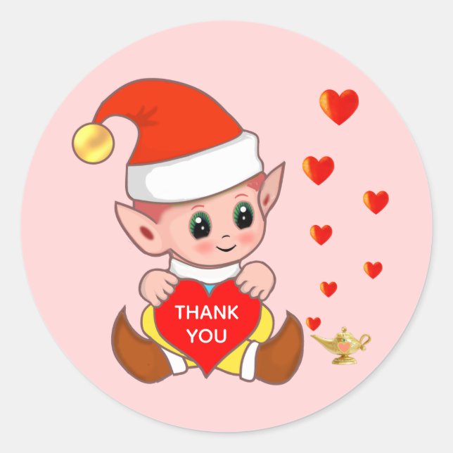 Sticker Rond Cute elf avec coeur d'amour Merci Classic Round (Devant)