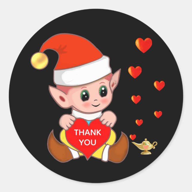 Sticker Rond Cute elf avec coeur d'amour Merci Classic Round (Devant)