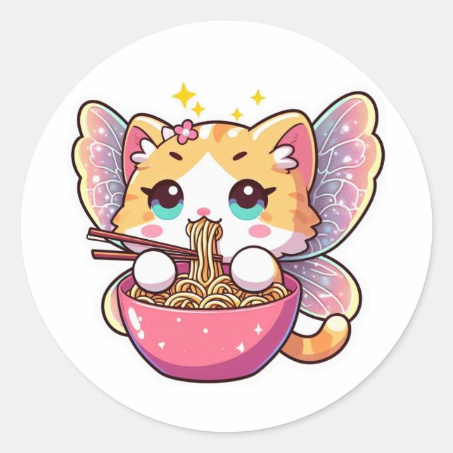 Sticker Rond Cute fairchat mangeant des nouilles de ramen (Devant)