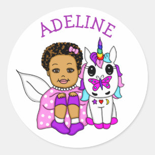 Sticker Rond Cute Fairy et son licorne Nom personnalisé