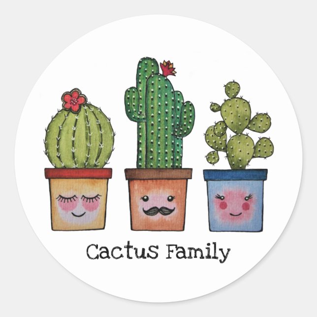 Sticker Rond Cute Famille Cactus En Aquarelle (Devant)