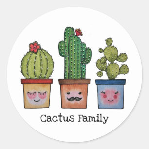 Sticker Rond Cute Famille Cactus En Aquarelle