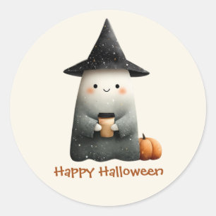 Sticker Rond Cute fantôme avec Halloween café