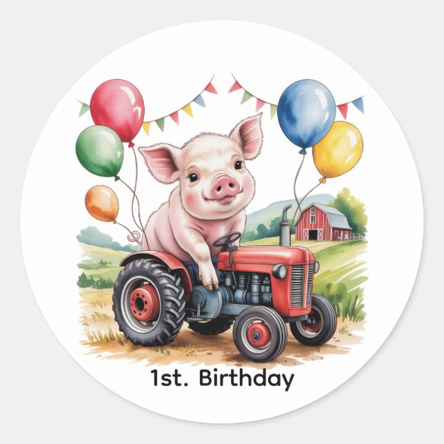 Sticker Rond Cute Farm Pig On A Tractor 1st. Birthday Party (Devant)