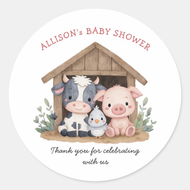 Sticker Rond Cute ferme animaux Baby shower de vache de porc (Devant)