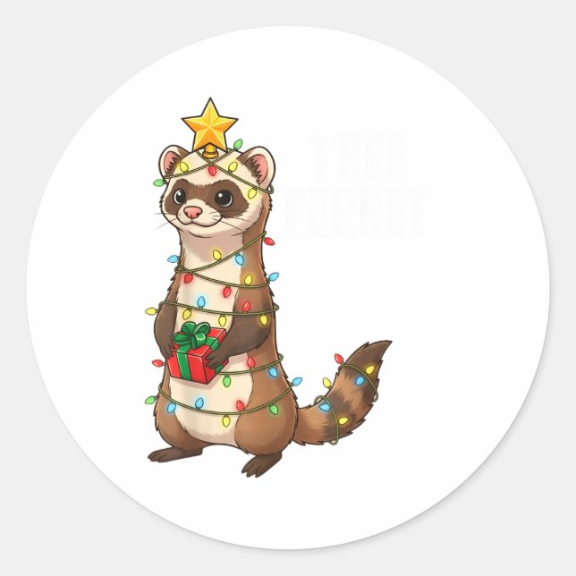 Sticker Rond Cute Ferret Wrapped In Christmas Lights Holiday Xm (Devant)
