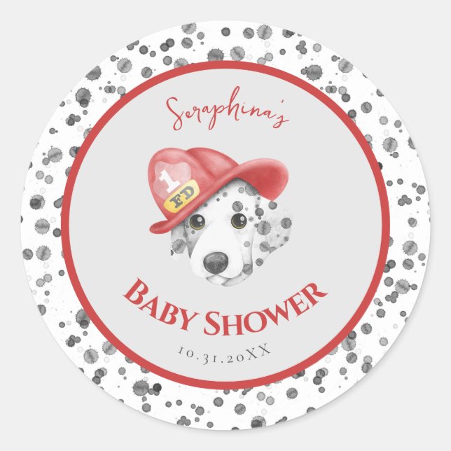 Sticker Rond Cute Fire Fighter Baby shower dalmate (Devant)