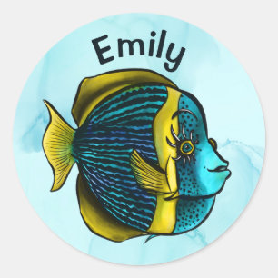 Sticker Rond Cute Fish Ocean Under the Sea School Nom des enfan