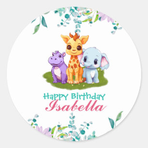 Sticker Rond Cute Floral Hippo safari jungle Animaux Anniversai