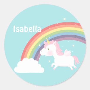 Sticker Rond Cute Flying Unicorn Rainbow Personnalisé