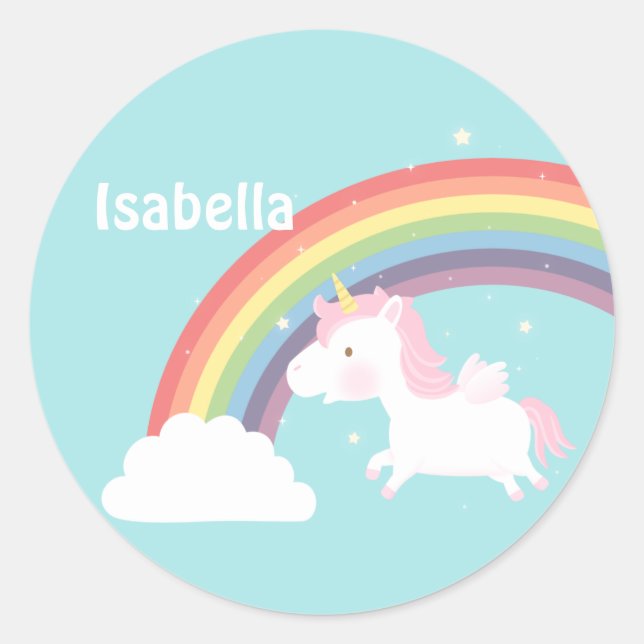 Sticker Rond Cute Flying Unicorn Rainbow Personnalisé (Devant)
