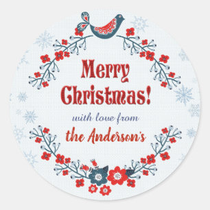Sticker Rond Cute Folk Art Joyeux Noël Wreath