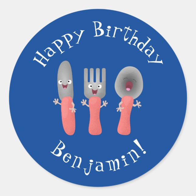 Sticker Rond Cute fourche couteau et cuillère dessin de couvert (Devant)