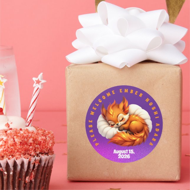 Sticker Rond Cute Fox Cub Asleep in Starry Night Sky (Fête)